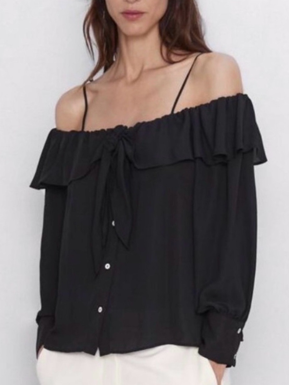 Zara Black Off-Shoulder Ruffle Tie-Front Blouse